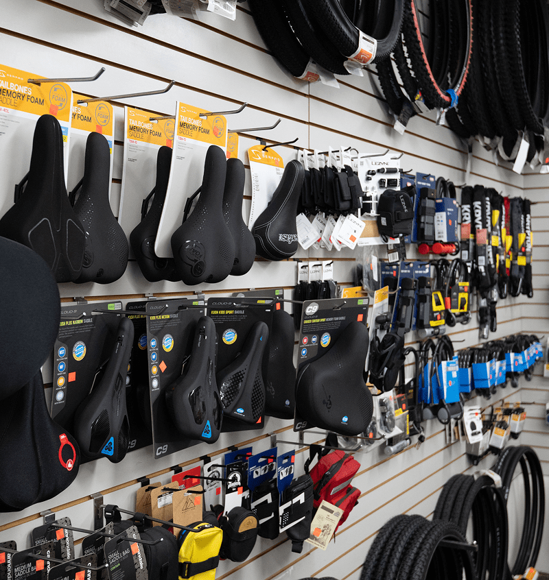 Cycling gear and tires in a shop.