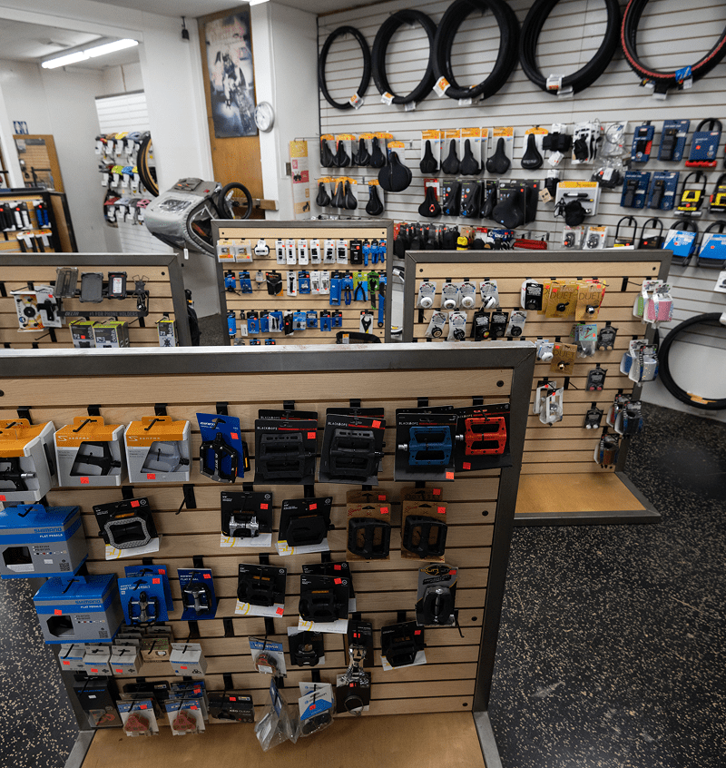 Bicycle shop interior with accessories display