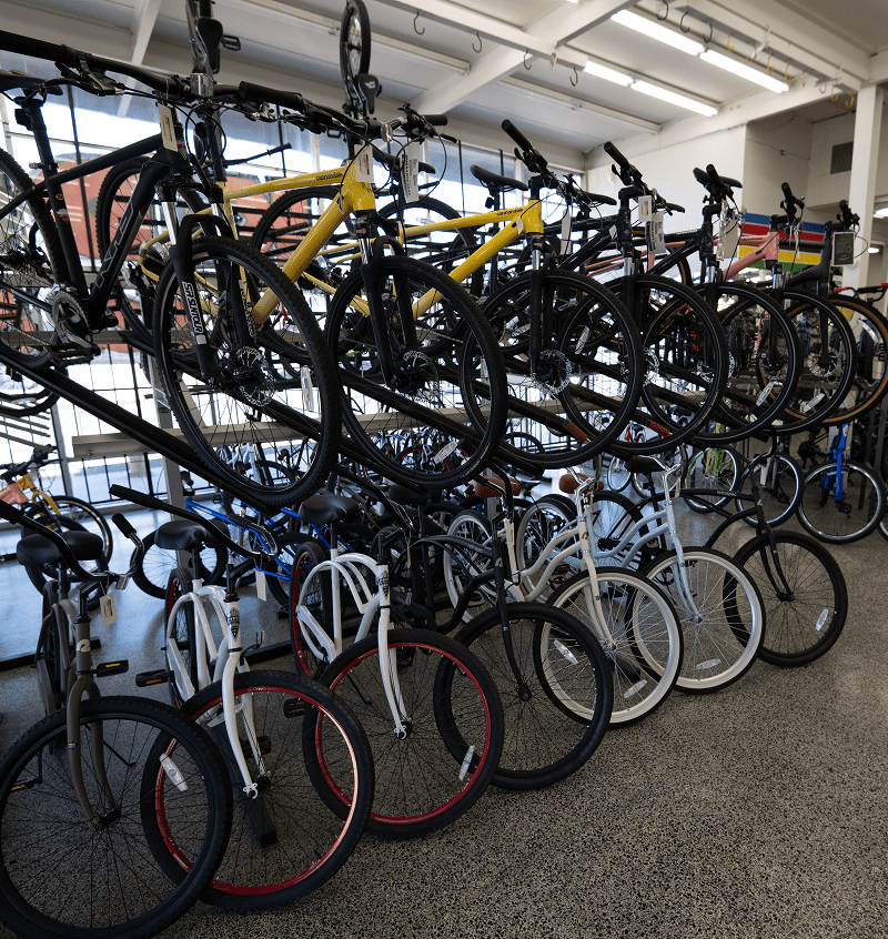 Row of colorful bicycles for sale