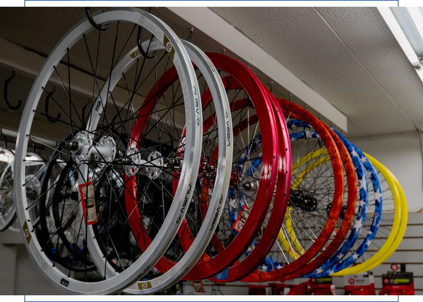Assorted bicycle rims in vibrant colors