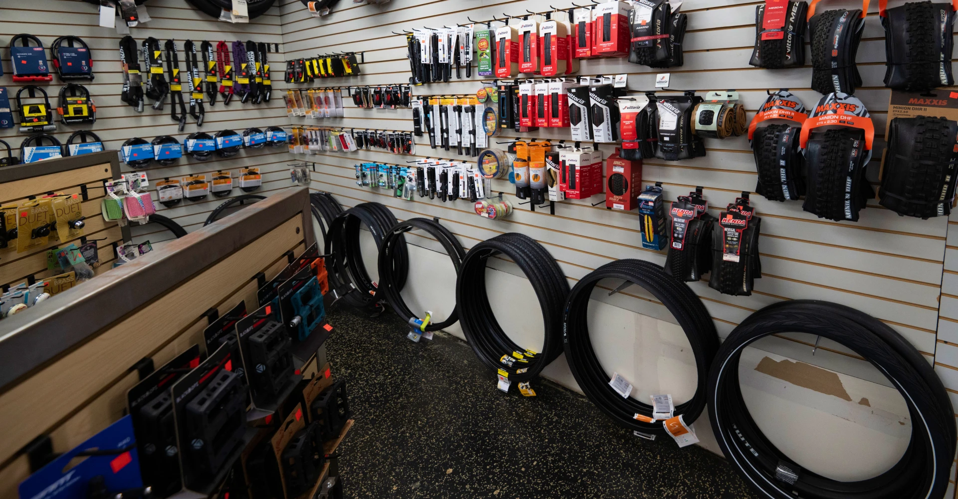 Bike shop accessories display wall