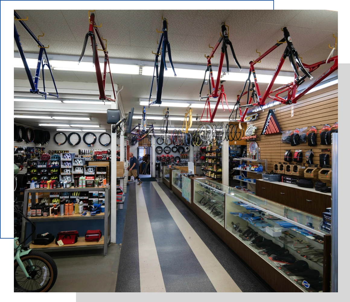 Cycling gear and frames in retail shop