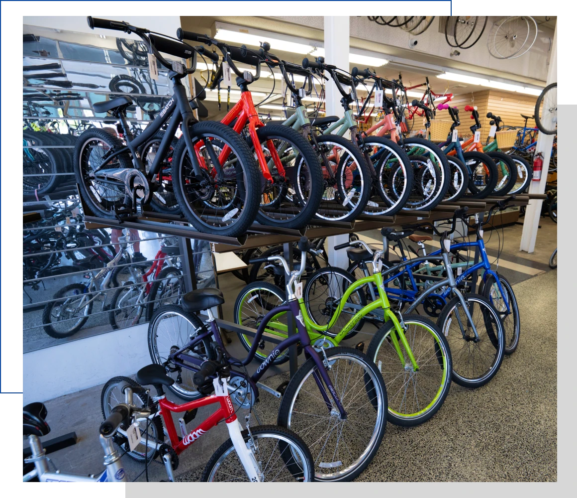 Colorful bikes on shop racks