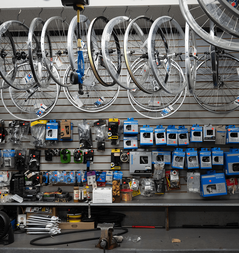 Bicycle wheels and accessories on display